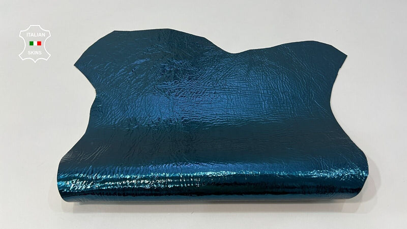 METALLIC TEAL BLUE CRINKLE Thick Italian Lambskin leather hide 3+sqf  1.6mm C136