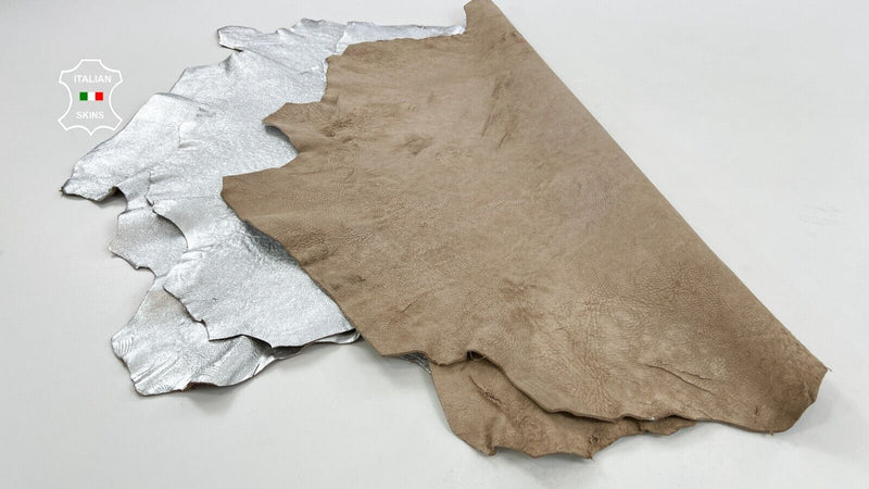 METALLIC SILVER ROUGH WASHED Thick Lambskin leather 2 skins 12sqf 1.2mm #C1493