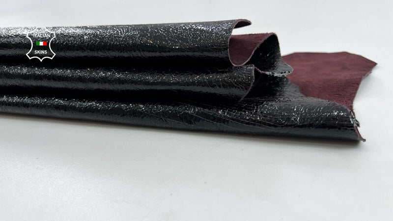 BLACK CRISPY PATENT CRACKED ON PLUM SHINY Soft Goat leather 3+sqf 0.9mm #C959