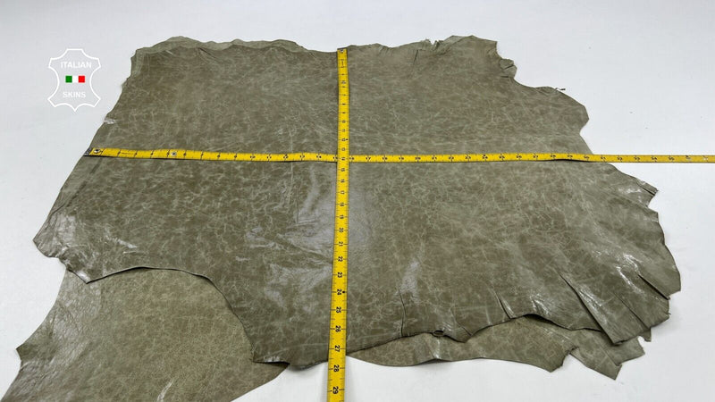 KHAKI GREEN CRINKLE SHINY VINTAGE Thin Goat leather 2 skins 12sqf 0.6mm C1616