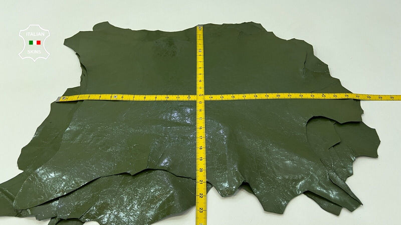 OLIVE GREEN PATENT CRINKLE SHINY Strong Goatskin leather 6 skins 15sqf 0.7mm C99