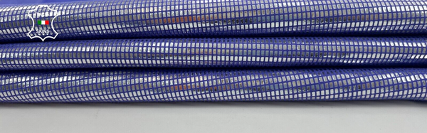 METALLIC SILVER SQUARES PRINT ON PURPLE Soft Goatskin leather 3sqf 0.7mm #C1168