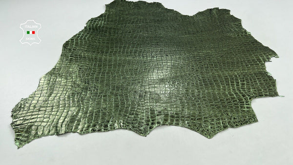 METALLIC GREEN DISTRESSED CROCODILE EMBOSSED On Goat leather 5sqf 0.8mm #C1025