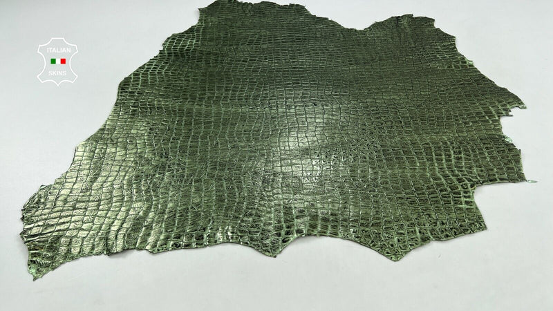 METALLIC GREEN DISTRESSED CROCODILE EMBOSSED On Goat leather 5sqf 0.8mm #C1025