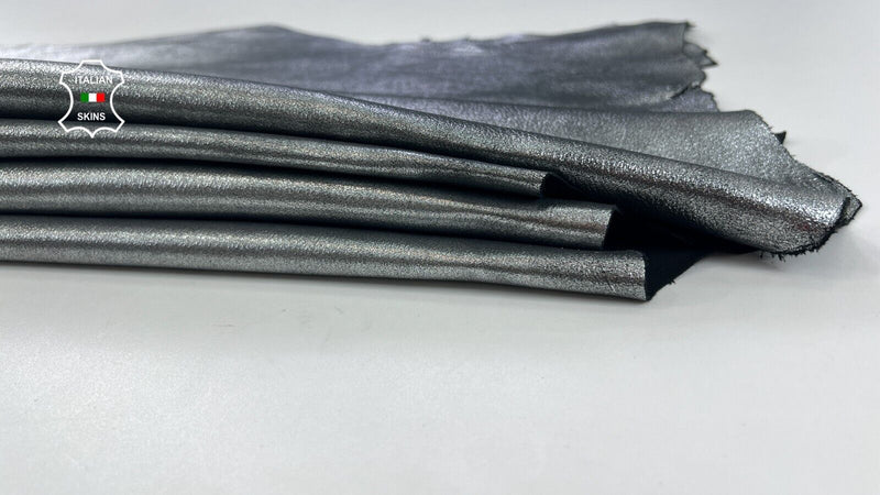 METALLIC CHROME CRACKED ON BLACK Thick Lamb leather 2 skins 12+sqf 1.1mm #C1776