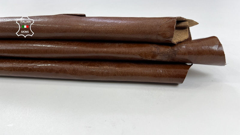 BROWN TEXTURED COATED SHINY Thick Strong Italian Lamb leather 5sqf 1.2mm #C1743