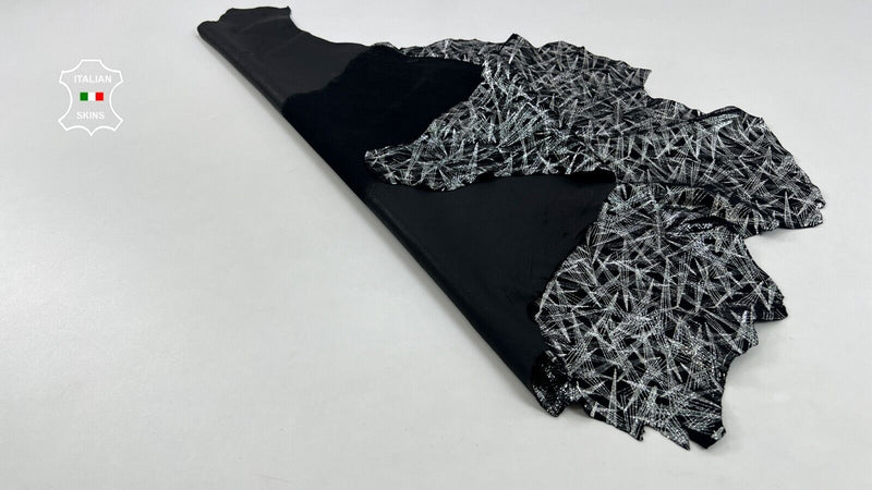 METALLIC SILVER PRINT ON BLACK Soft Italian Goatskin leather 5+sqf 0.7mm C1047
