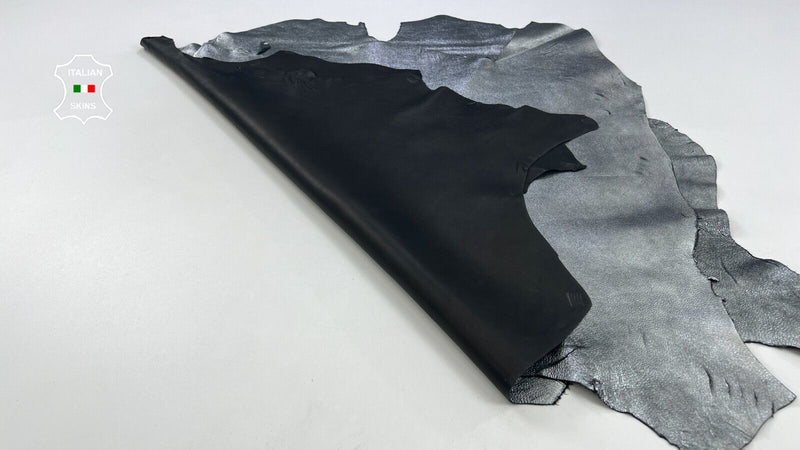 METALLIC CHROME CRACKED ON BLACK Thick Lamb leather 2 skins 12+sqf 1.1mm #C1776