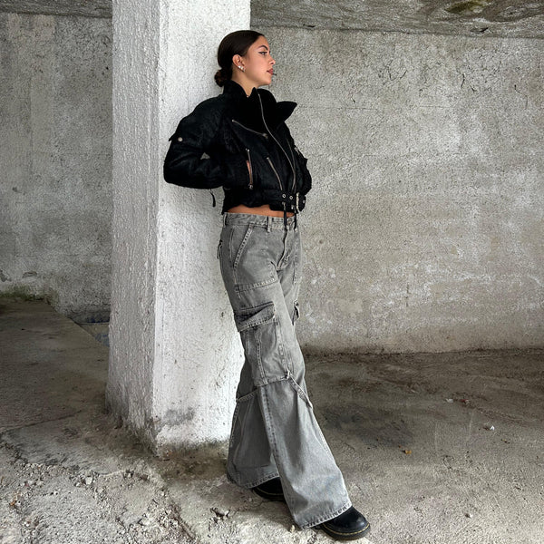 Italian handmade Women genuine lamb leather biker cropped jacket BLACK USED LOOK