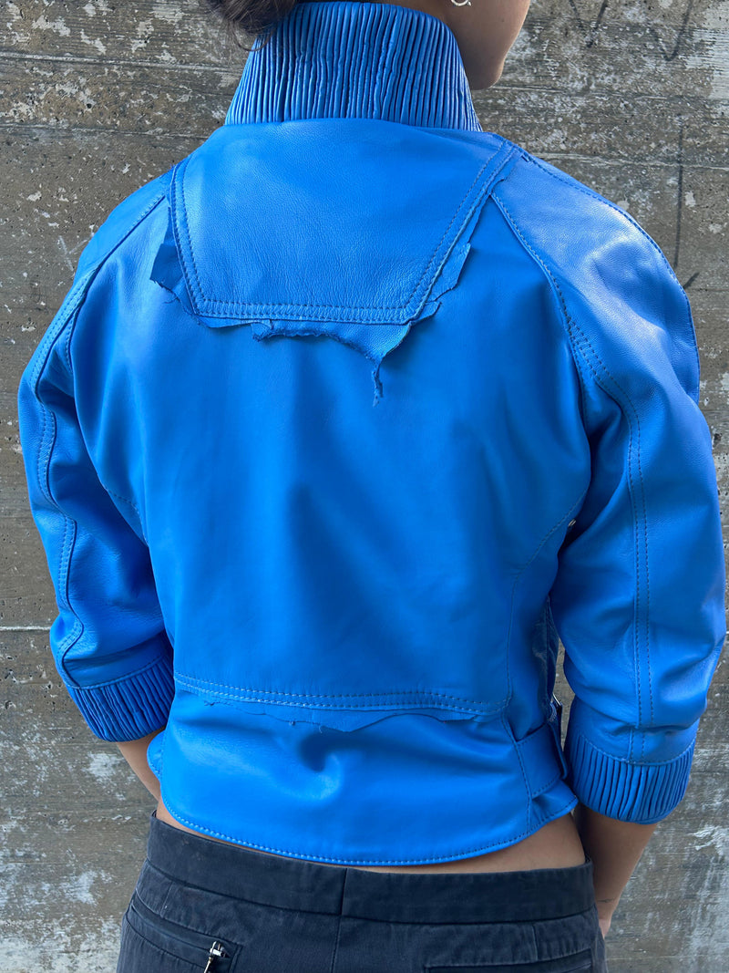 Italian handmade Women genuine lamb leather biker cropped jacket BLUE