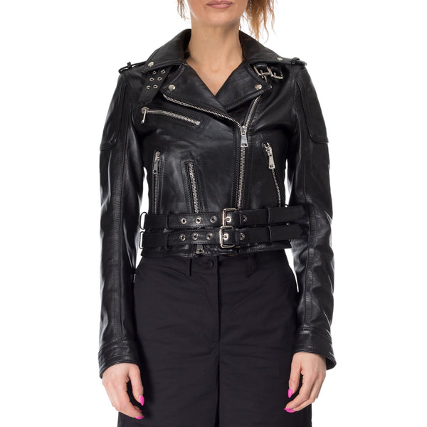 Italian handmade Women genuine lamb leather biker jacket slim fit washed black