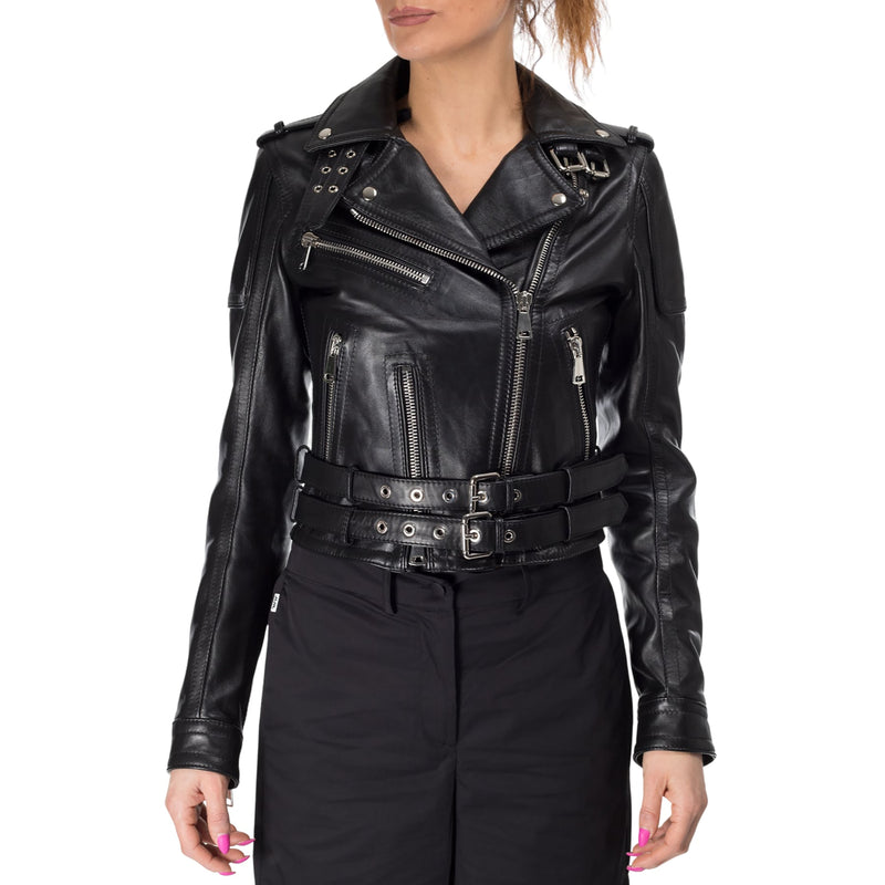 Italian handmade Women genuine lamb leather biker jacket slim fit washed black