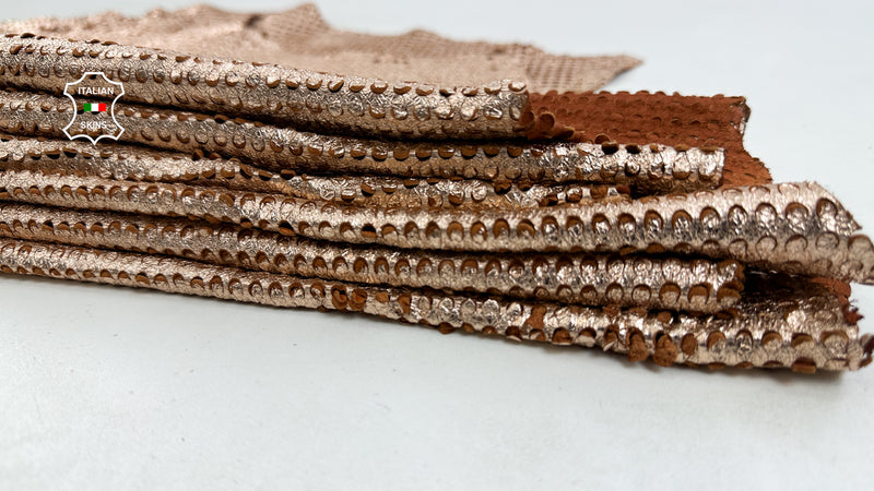 METALLIC ROSE GOLD Washed Perforated On Vegetable Tan Cognac Soft Italian Lambskin leather