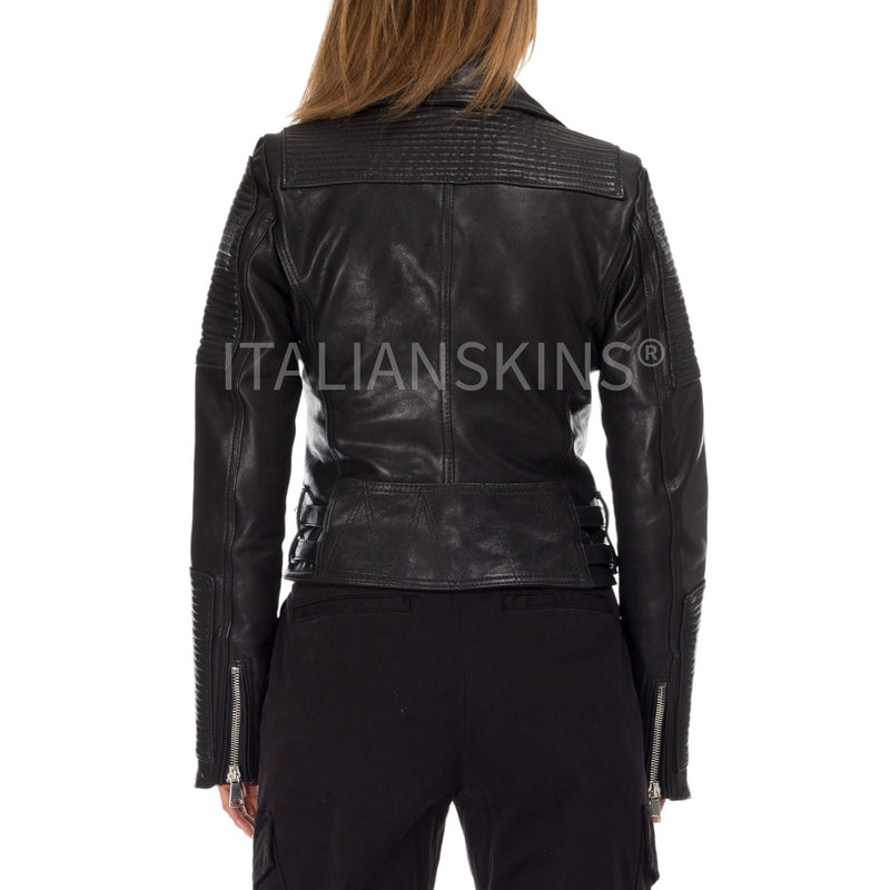 Italian handmade Women genuine lamb leather biker jacket slim fit washed Black