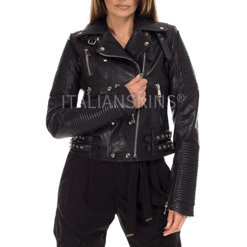 Italian handmade Women genuine lamb leather biker jacket slim fit washed Black