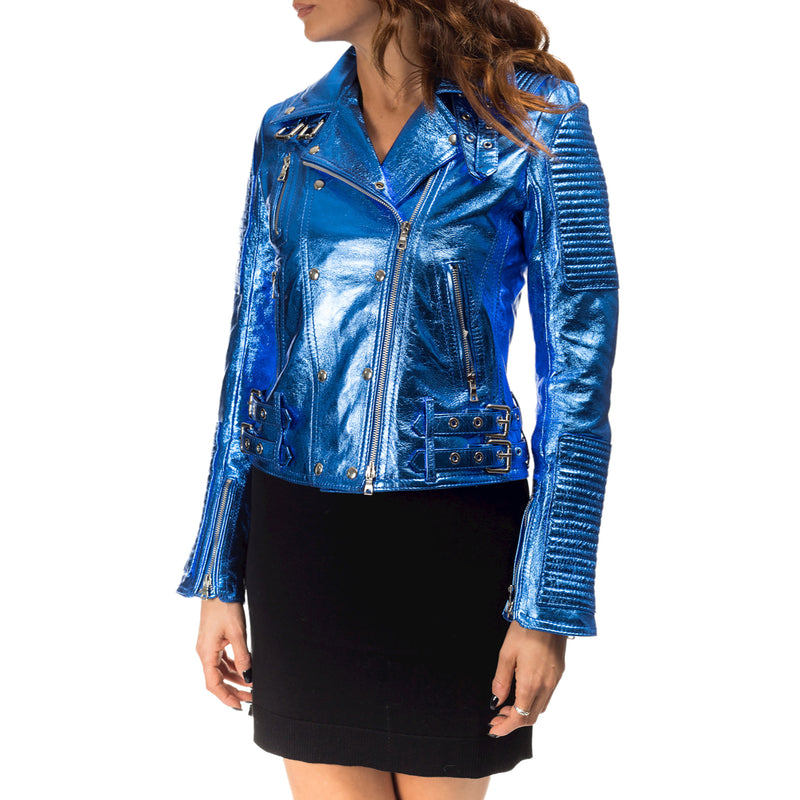 Italian handmade Women genuine lamb leather biker jacket slim fit Metallic Cobalt Blue