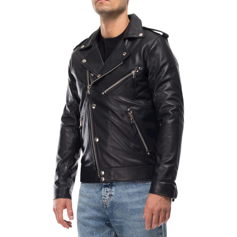 Italian handmade Men genuine lambskin leather biker jacket slim fit Black 2XS TO 2XL