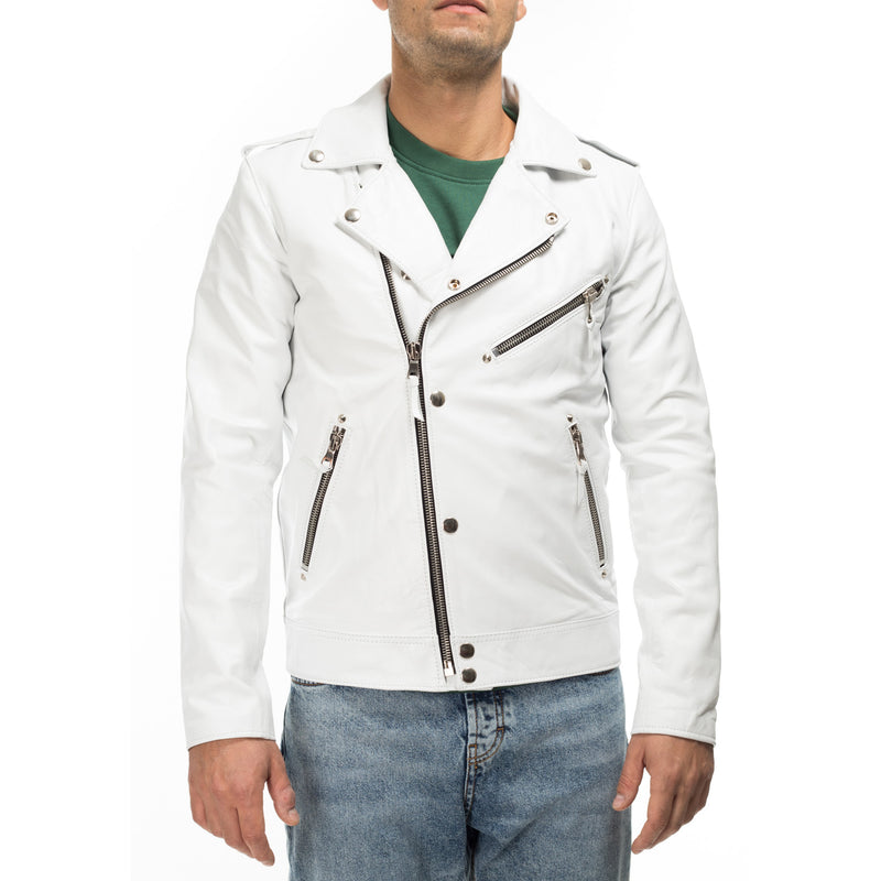 Italian handmade Men genuine lambskin leather biker jacket slim fit White 2XS TO 2XL