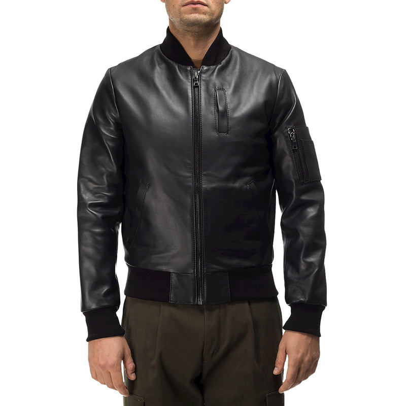 Italian handmade Men genuine lamb leather bomber jacket BLACK 2XS to 2XL