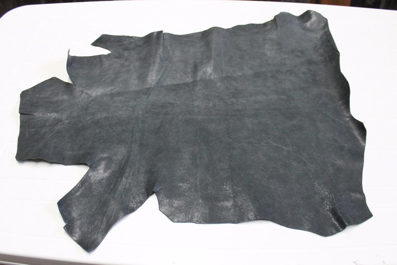 Italian Goatskin leather skin VINTAGE CRACKED GREENISH PETROL GREY 4+sqf #A1655