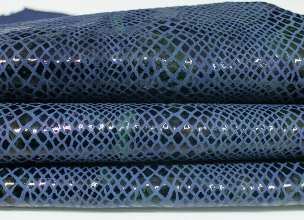 SNAKE PRINT ON BLUE Italian Goatskin Goat leather skins 6-9sqf 0.7mm #A6916