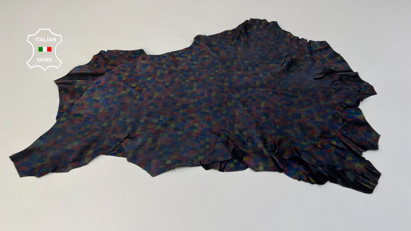 MULTICOLOR SQUARES PRINT ON BLACK Goatskin leather 2 hides 6+sqf 0.9mm #B5587