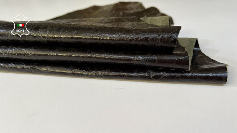 OLIVE BROWN PATENT CRINKLE Soft Italian Goatskin leather hides 6sqf 0.7mm #B9253