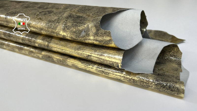 METALLIC GOLD LEOPARD PRINT ON VINTAGE Thin Goatskin leather 7+sqf 0.6mm #B5607