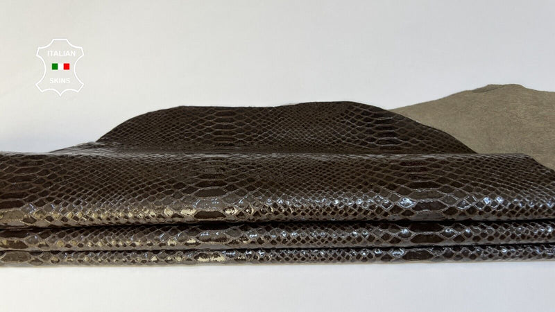 BROWN OLIVE SNAKE SHINY PRINT on Thin Soft Lambskin leather 6sqf 0.5mm B5099