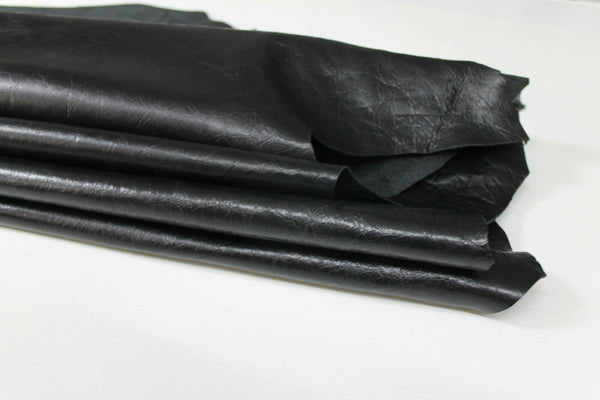 COATED BLACK CRINKLED Lambskin Lamb Sheep leather 2 skins 14sqf 1.0mm #A7122