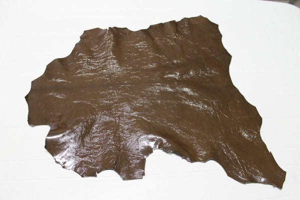 Italian Goatskin leather skin skins hides CRINKLE PATENT BROWN OLIVE 3sqf