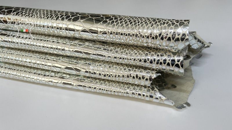 METALLIC SILVER SNAKE PRINT On IVORY Goatskin Leather 2 skins 9sqf 1.0mm #B7864