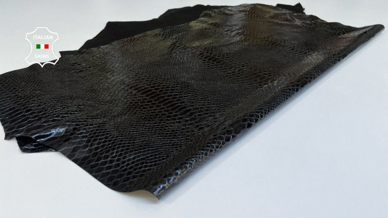 BLACK SHINY SNAKE PRINT ON Thin Soft Lambskin leather 2 skins 10+sqf 0.6mm B5021