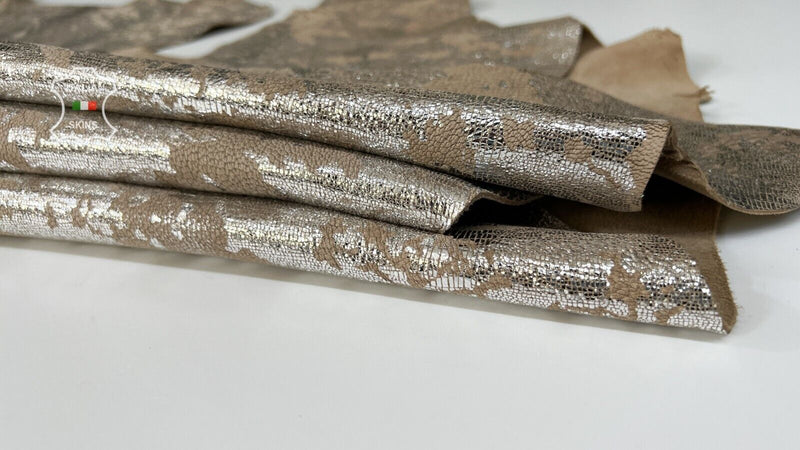 METALLIC CAMO SILVER REPTILE PRINT ON BEIGE Thick Goat leather 8+sqf 1.1mm B7414