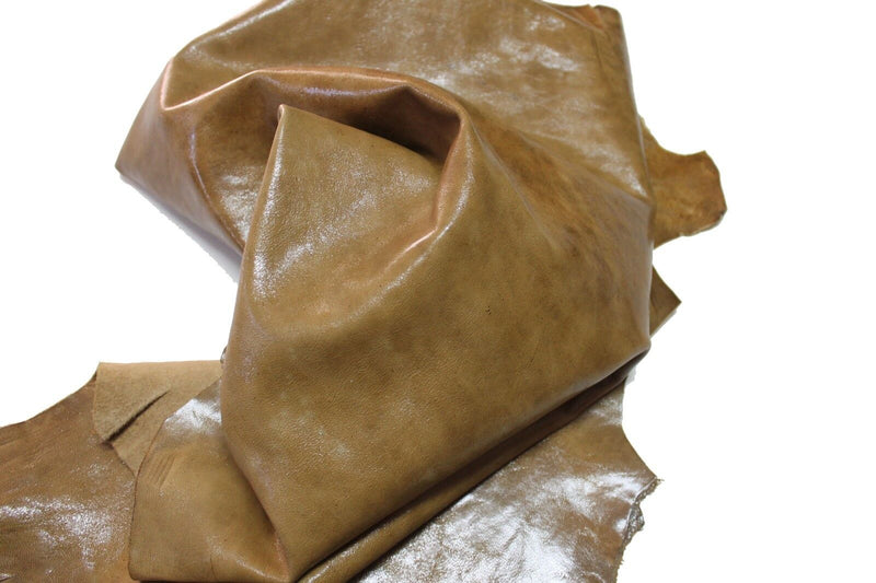 SAND KHAKI  shiny Italian Goatskin THICK leather skins skin  6sqf #6431