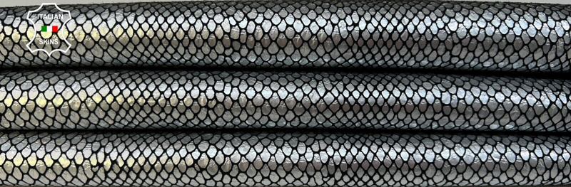 METALLIC SILVER SNAKE REPTILE PRINT On Italian Goatskin Leather 3sqf 0.8mm B9168