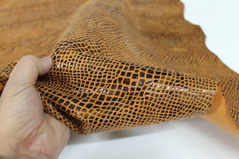 SNAKE PRINT ON TAN Italian Goatskin Goat leather skins hides 8sqf 0.8mm #A6918