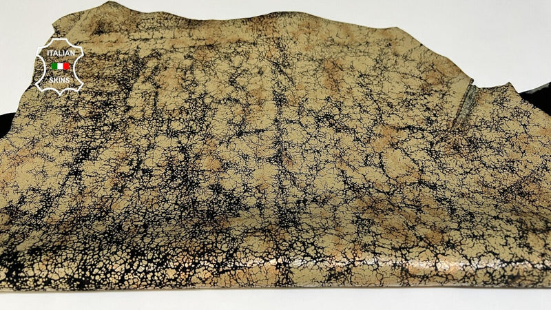 KHAKI & COPPER CRACKED ON BLACK Goatskin leather hide hides 3+sqf 0.7mm #B6120
