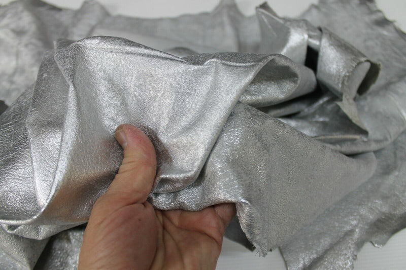 METALLIC SILVER VINTAGE distressed Lambskin leather 2 skins 14sqf 0.6mm #A7029