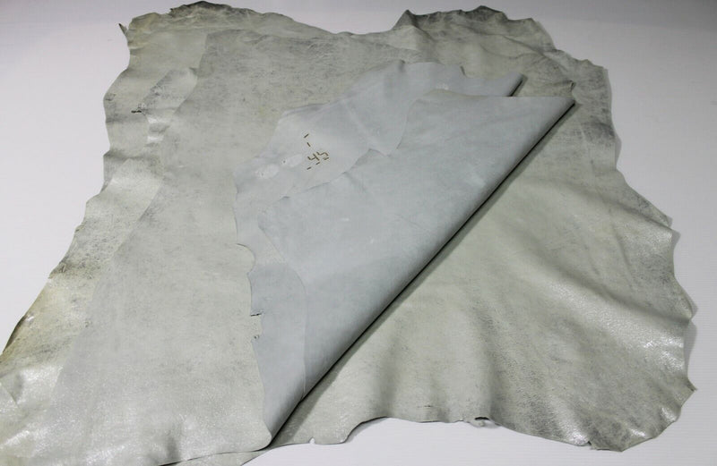 LIGHT GREY METALLIC SILVER DISTRESSED VINTAGE Lamb Leather 3 skins 15sqf 0.7mm