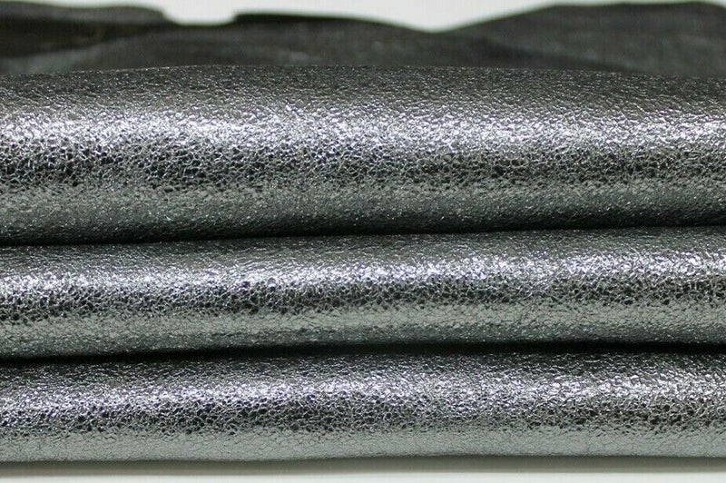 METALLIC STEEL ANTIQUE SILVER Crispy Goatskin leather 2 skins 6+sqf 1.2mm #A5951