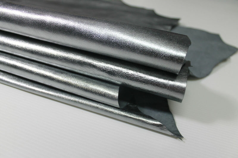 METALLIC CHROME SILVER STEEL metallic Goatskin leather skins 3-5sqf 0.8mm #A8890