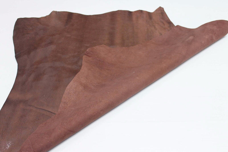 GLOSS PATENT CRACKED BROWN DISTRESSED Italian Goatskin leather skin 5sqf #A3090