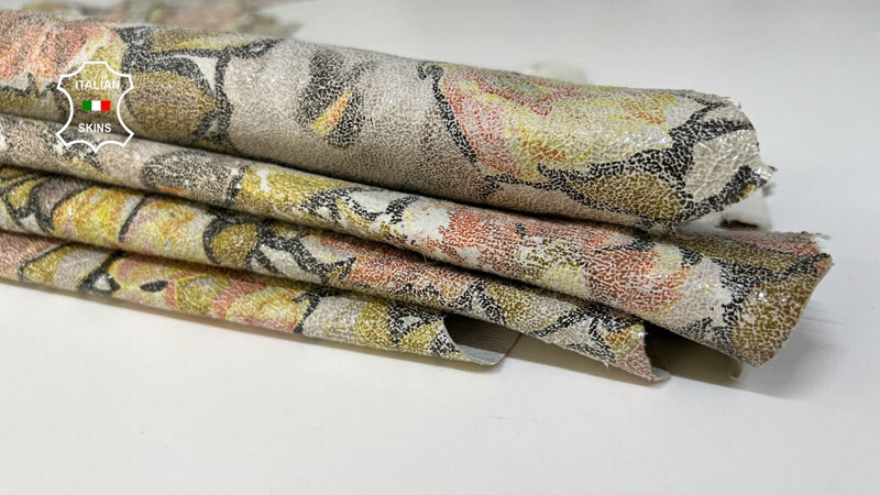 FLOWERS PRINT CRACKED VINTAGE LOOK Thin Lamb leather 2 skins 10sqf 0.6mm B6710
