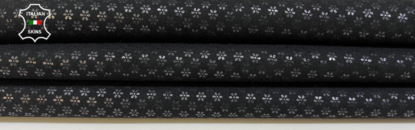 BLACK SUEDE FLOWERS PRINT ON Italian Goatskin Leather hides 2sqf 0.7mm #B9171