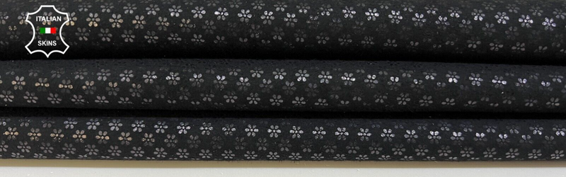 BLACK SUEDE FLOWERS PRINT ON Italian Goatskin Leather hides 2sqf 0.7mm #B9171