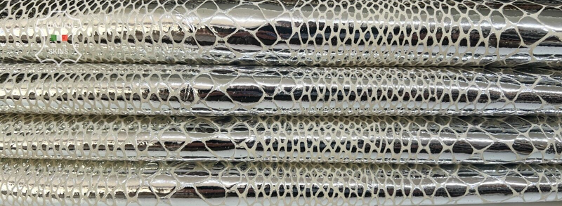 METALLIC SILVER SNAKE PRINT On IVORY Goatskin Leather 2 skins 9sqf 1.0mm #B7864