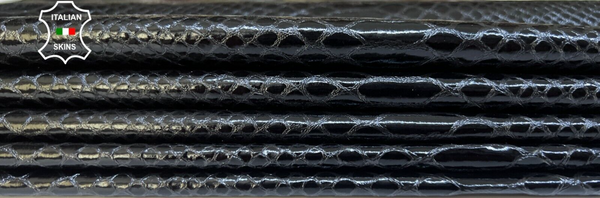 BLACK SHINY SNAKE PRINT ON Thin Soft Lambskin leather 2 skins 10+sqf 0.6mm B5021