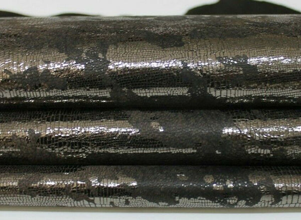 METALLIC PEWTER REPTILE DISTRESSED Goatskin leather skin 7sqf 1.1mm #A7271