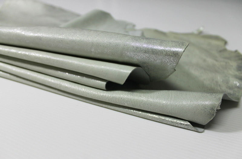 LIGHT GREY METALLIC SILVER DISTRESSED VINTAGE Lamb Leather 3 skins 15sqf 0.7mm